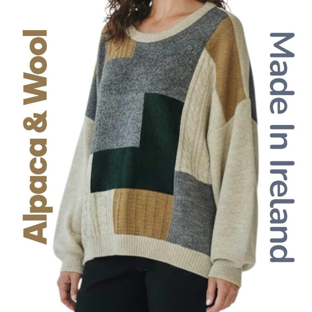 Glenbarra Alpaca Wool Sweater Cable Patchwork Knitwear Made/Ireland Sz XL